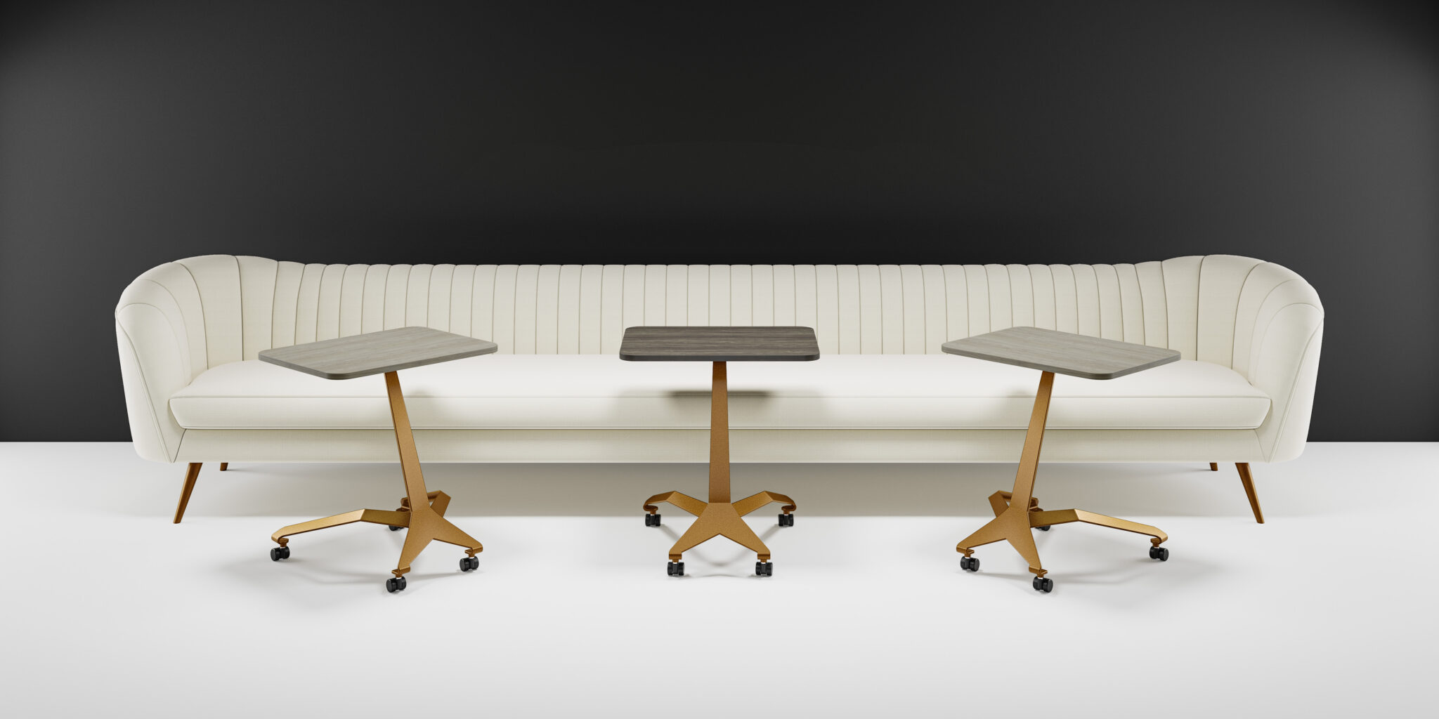 examples of copper base and wood top rolling arlington tables