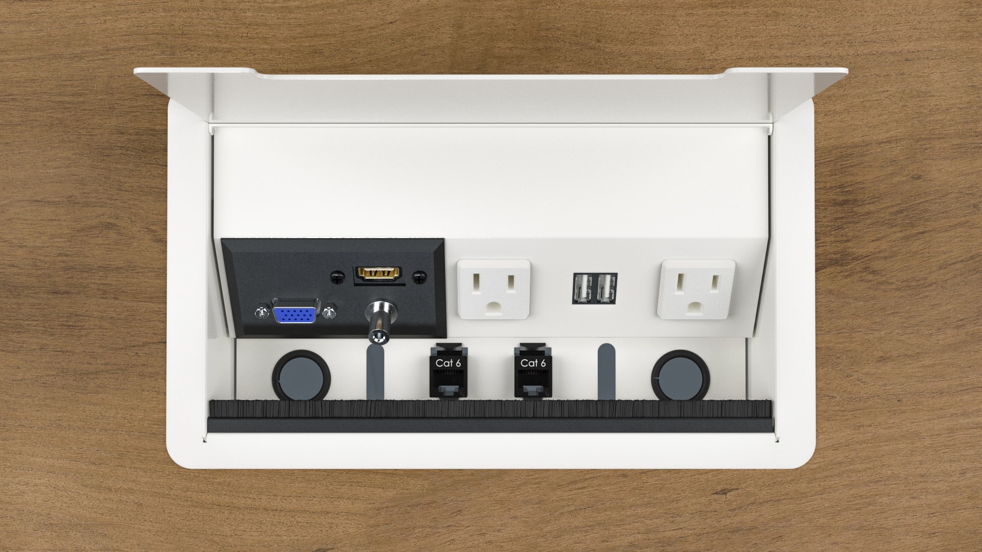 Top view Charm outlet with cover, white - servicing cat 6 cable, cable, HDMI, usb, vga