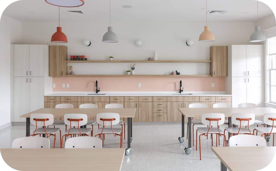 coby post cafe tables in work space lunch area